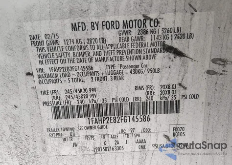 2015 Ford Taurus Sel from USA, damaged, VIN 1FAHP2E82FG145586